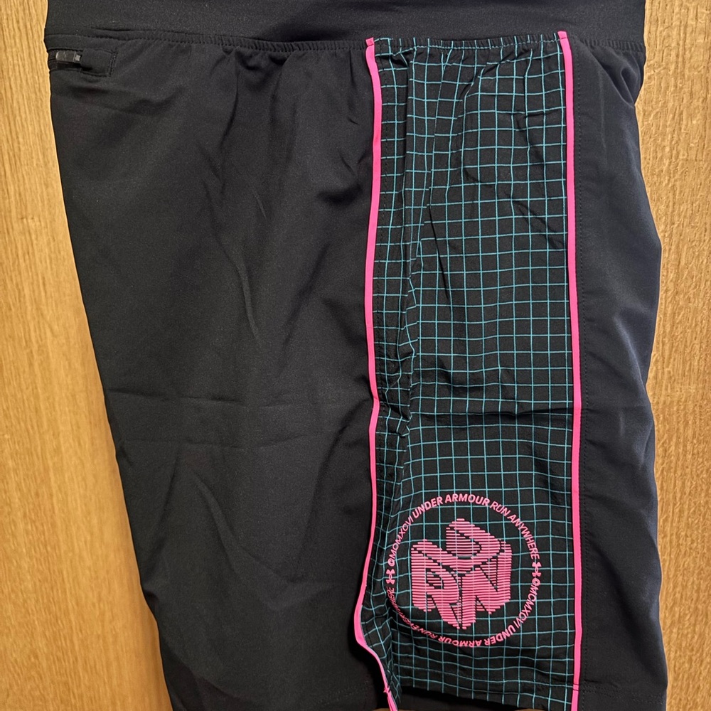 Under Armour Run Black Shorts with Pink and Blue Grid